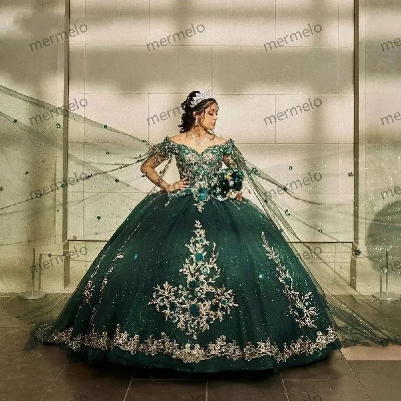 Gorgeous Glamour Collection Green Quinceanera Dresses With Cape Gold 3D Flowers Beading Lace Gorgeous Glamour Collection Green Quinceanera Dresses With Cape Gold 3D Flowers Beading Lace