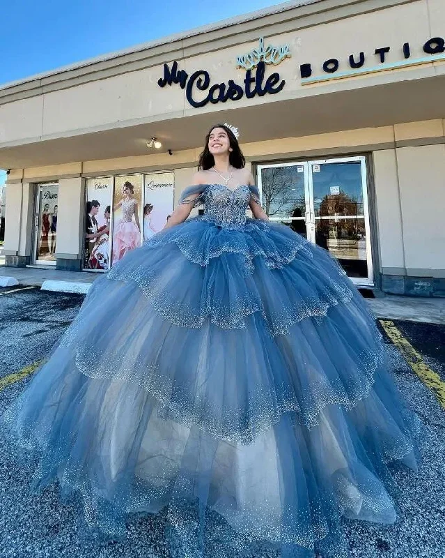 Dreamy Aesthetic Grey Blue Sparkly Princess Quinceanera Dresses Off Shoulder Luxury Crystal Tiered Skirt vestido xv años Sweet 15 Prom Dreamy Aesthetic Grey Blue Sparkly Princess Quinceanera Dresses Off Shoulder Luxury Crystal Tiered Skirt vestido xv años Sweet 15 Prom