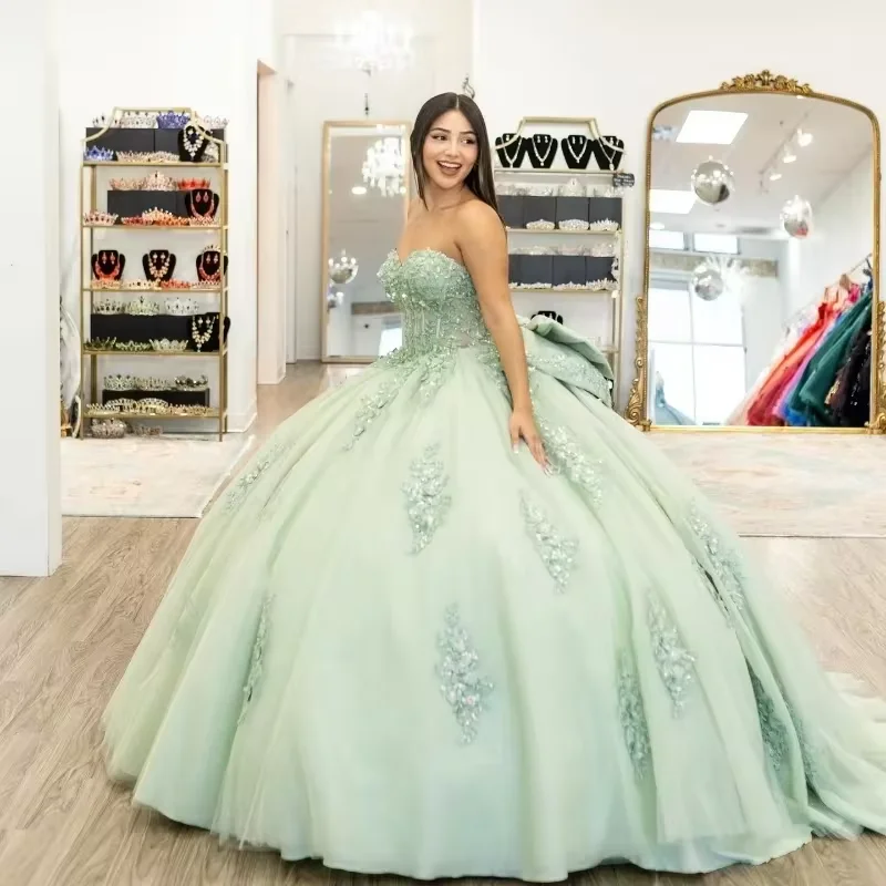 Anniversary Sale Sage Green Quinceanera Dresses With Bow 3D Flowers Beading Appliques Vestidos De 15 Anos Birthday Party Princess Anniversary Sale Sage Green Quinceanera Dresses With Bow 3D Flowers Beading Appliques Vestidos De 15 Anos Birthday Party Princess