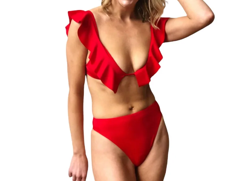 Women's Holiday Outfit Solid Ruffle Pinafore Bikini Top In Red