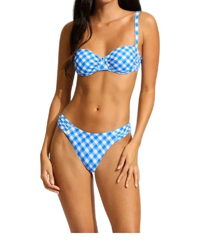 Women's Clothes For Outdoor Events Ruched Underwire Bra & High Leg Bikini In Blue Check