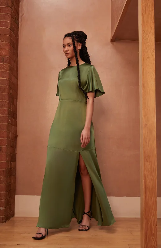 Trendy Street Style Attire Sienna Dress in Olive Viscose Satin