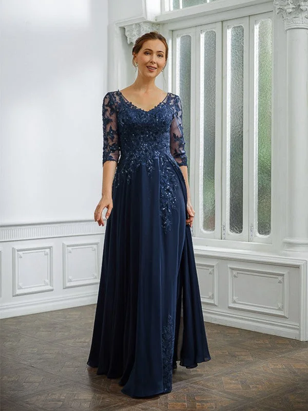 Additional Time-Limited Offers A-Line/Princess Chiffon Applique V-neck 3/4 Sleeves Floor-Length Mother of the Bride Dresses