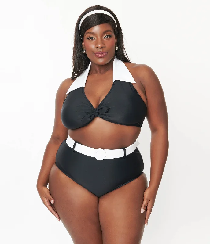 Women's Chic Outfit Unique Vintage Plus Size Black & White Belted Swim Bottoms