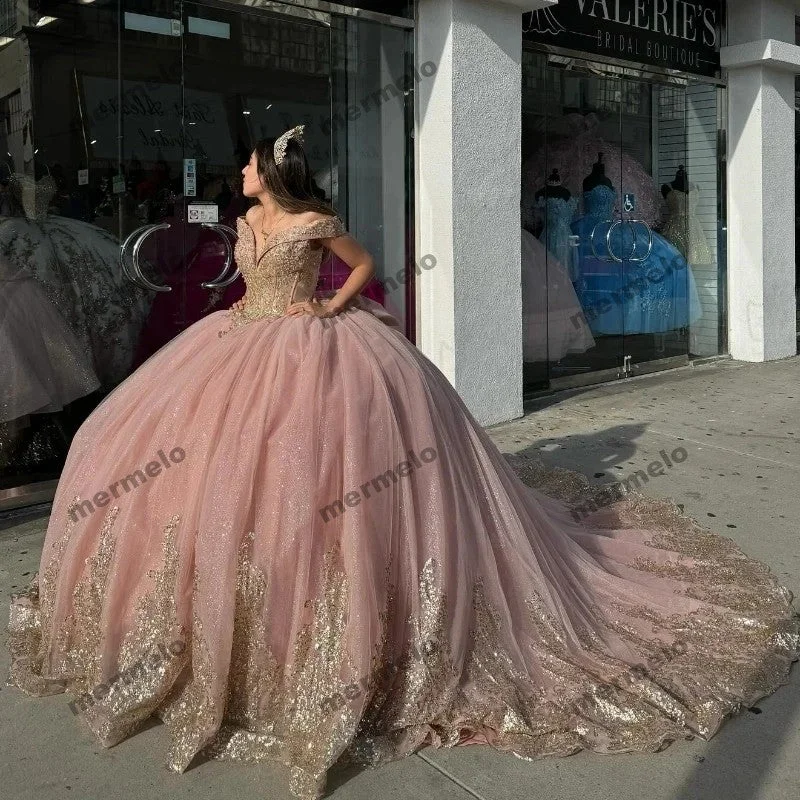 Extreme Clearance Deals Pink Shiny Quinceanera Dresses Gold Lace Appliqued Crystal Off the Shoulder Extreme Clearance Deals Pink Shiny Quinceanera Dresses Gold Lace Appliqued Crystal Off the Shoulder