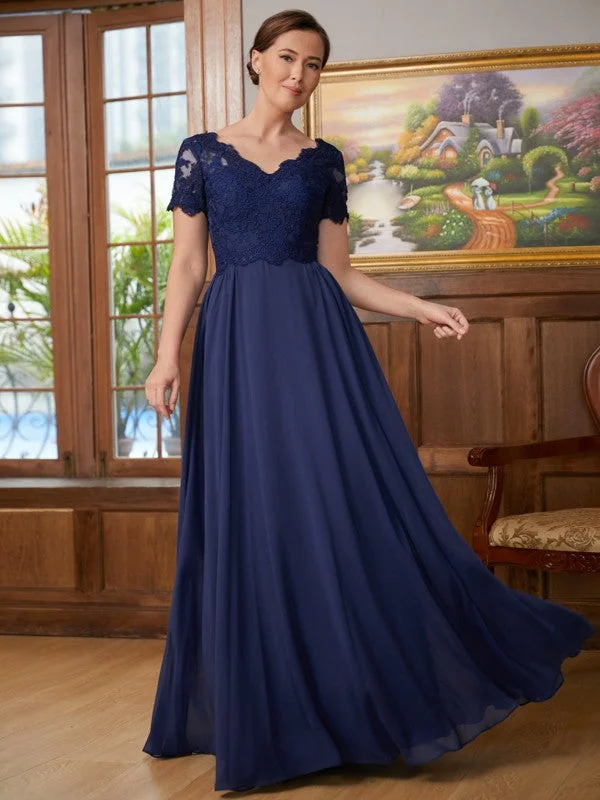 Women's Athleisure Apparel A-Line/Princess Chiffon Lace V-neck Short Sleeves Floor-Length Mother of the Bride Dresses