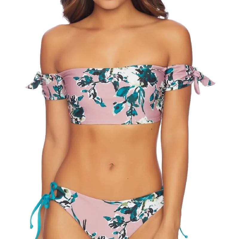 Women's Outerwear Garments Off Shoulder Bandeau Bikini Top In Watercolor Floral Pink