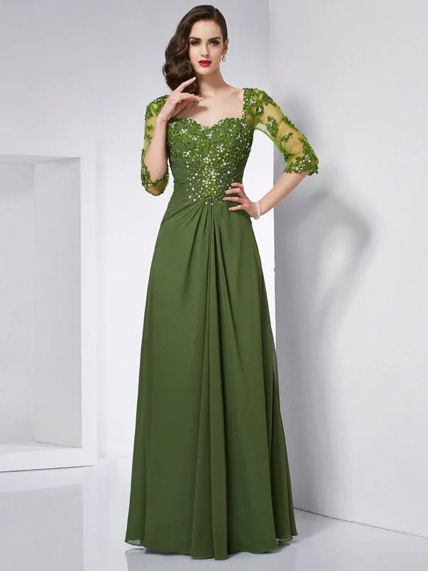 Hot Styles A-Line/Princess Sweetheart 3/4 Sleeves Beading Long Chiffon Dresses