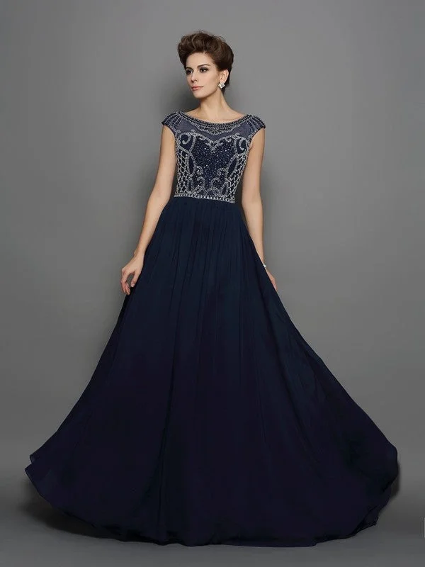 Vibrant Prints A-Line/Princess Scoop Beading Short Sleeves Long Chiffon Dresses