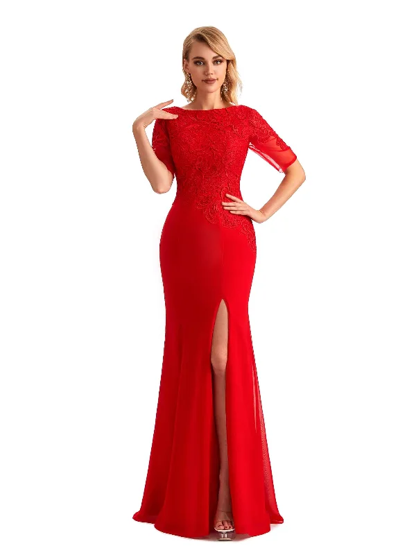 Timeless Elegant Elegant Mermaid Chiffon Side Slit Half Sleeves Lace Long Mother of the Brides Dresses Online Timeless Elegant Elegant Mermaid Chiffon Side Slit Half Sleeves Lace Long Mother of the Brides Dresses Online