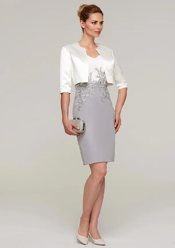 Sophisticated Style Sheath/Column V Neck Short Sleeve Knee-Length Chiffon Mother of the Bride Dress With Jacket Appliqued Sophisticated Style Sheath/Column V Neck Short Sleeve Knee-Length Chiffon Mother of the Bride Dress With Jacket Appliqued