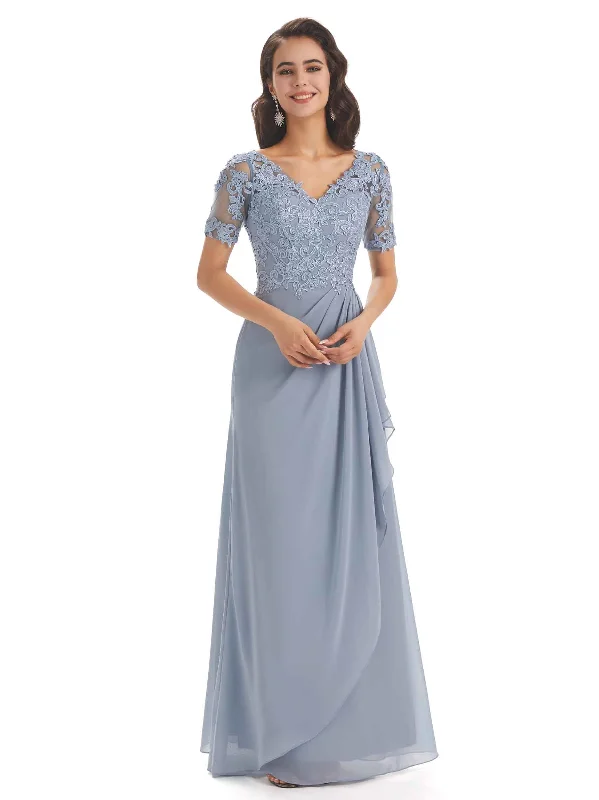 Urban Sophistication Elegant Lace Short Sleeves Chiffon V-neck Floor-length Mother of The Bride Dresses