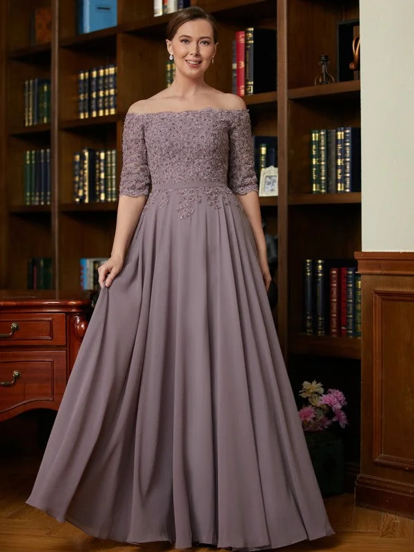 Clothes Of Woman A-Line/Princess Chiffon Applique Off-the-Shoulder 3/4 Sleeves Floor-Length Mother of the Bride Dresses