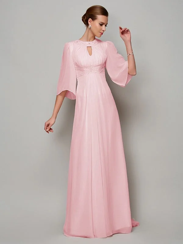 Women's Formal Apparel A-Line/Princess High Neck 1/2 Sleeves Beading Long Chiffon Mother of the Bride Dresses
