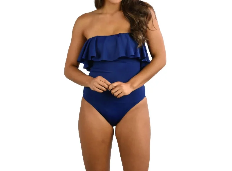 Women's Casual Garments Solid Ruffle Top One Piece Swimsuit In Navy