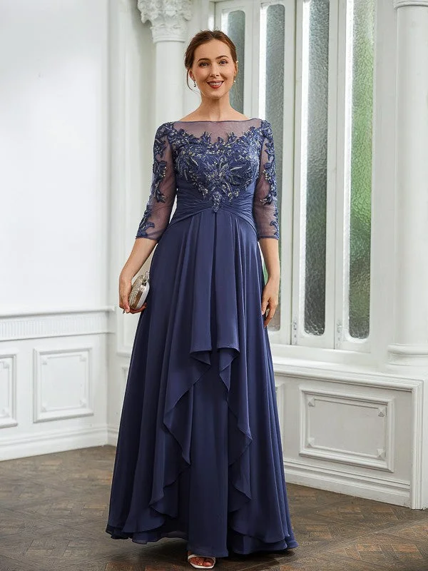 Stupidly Low Prices A-Line/Princess Chiffon Applique Bateau 3/4 Sleeves Floor-Length Mother of the Bride Dresses