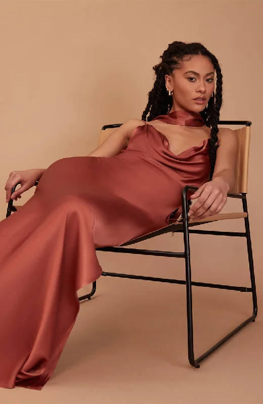 Women's Street Style Casual Wear Pollenca Dress in Terracotta Satin