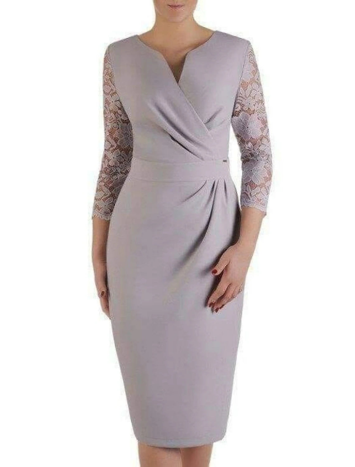 Shop Sales Sheath / Column Mother of the Bride Dress Minimalist Elegant V Neck Knee Length Lace Stretch Fabric 3/4 Length Sleeve with Ruching Shop Sales Sheath / Column Mother of the Bride Dress Minimalist Elegant V Neck Knee Length Lace Stretch Fabric 3/4 Length Sleeve with Ruching