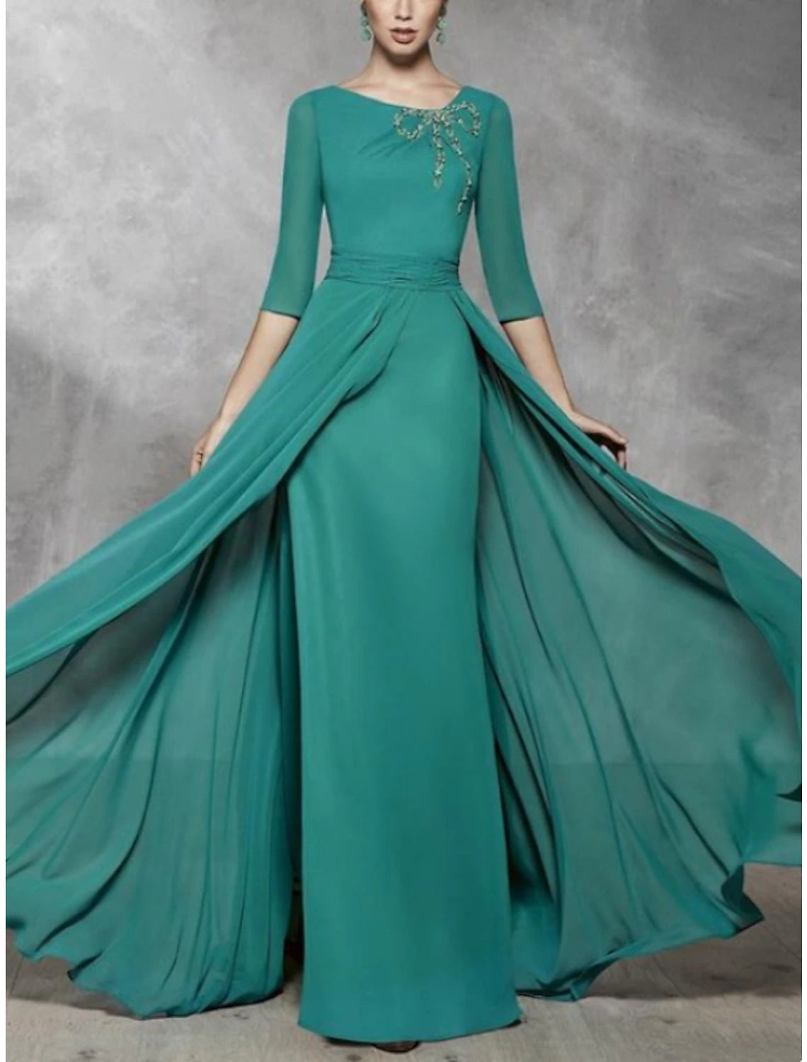 Fashion Sale Sheath / Column Mother of the Bride Dress Formal Party Vintage Scoop Neck Floor Length Chiffon Half Sleeve with Beading Ruching Fashion Sale Sheath / Column Mother of the Bride Dress Formal Party Vintage Scoop Neck Floor Length Chiffon Half Sleeve with Beading Ruching