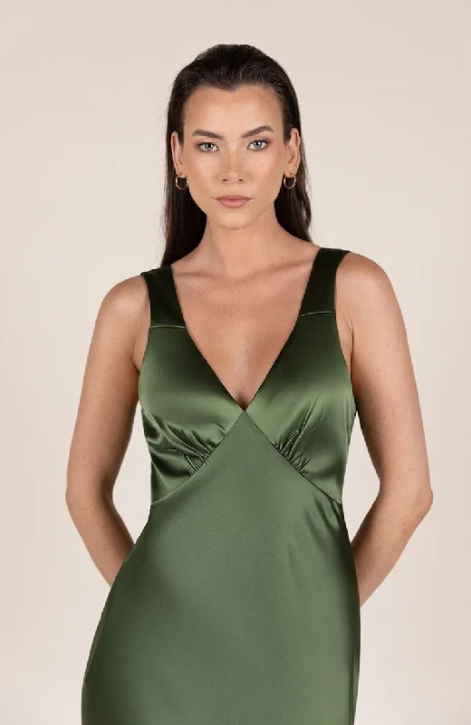 Vintage Fashion Amelia Dress in Olive Green Satin