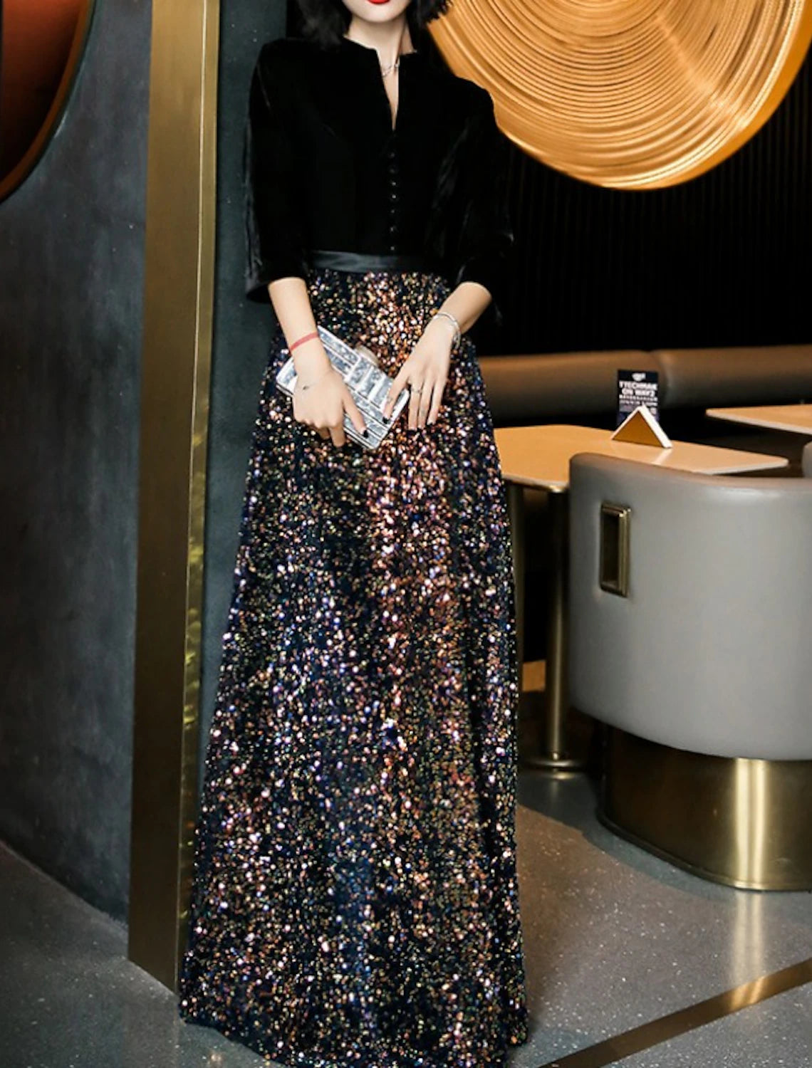 Women's Chic Outerwear Garments Sheath / Column Mother of the Bride Dress Elegant Sparkle & Shine V Neck Floor Length Sequined Velvet 3/4 Length Sleeve with Buttons Women's Chic Outerwear Garments Sheath / Column Mother of the Bride Dress Elegant Sparkle & Shine V Neck Floor Length Sequined Velvet 3/4 Length Sleeve with Buttons