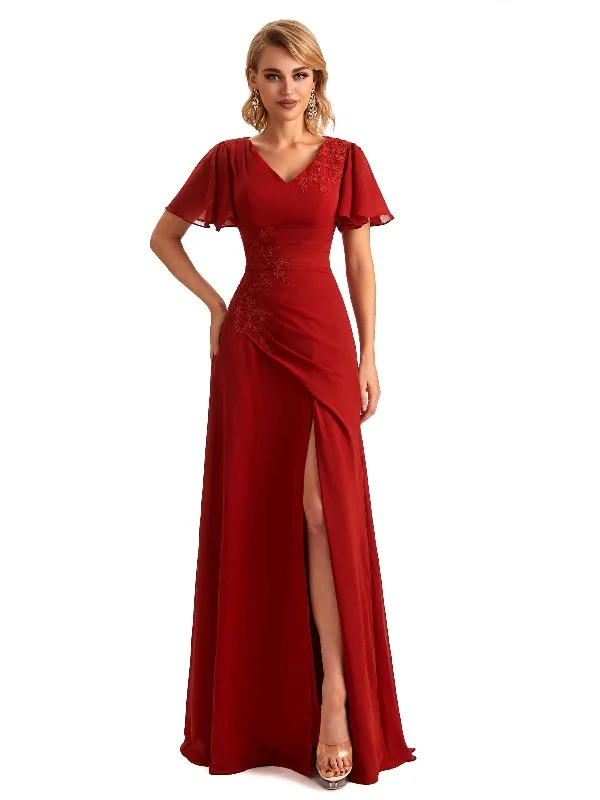 Y2K Nostalgic Fashion Look Elegant Chiffon Short Sleeves Side Slit Lace Long Mother of The Brides Dresses Y2K Nostalgic Fashion Look Elegant Chiffon Short Sleeves Side Slit Lace Long Mother of The Brides Dresses