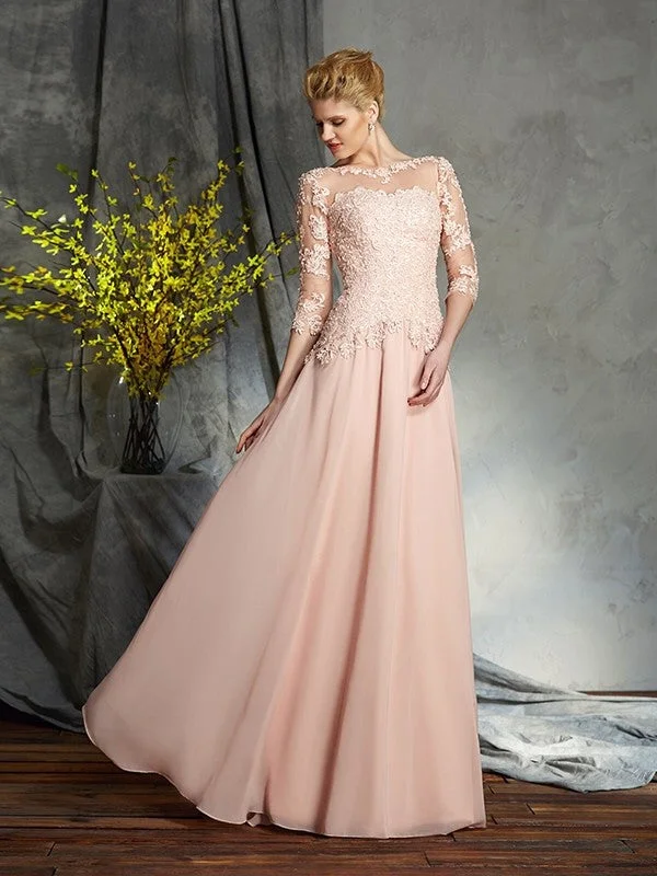 Grab Romantic Date - Night Styles Now A-Line/Princess Scoop Applique 3/4 Sleeves Long Chiffon Mother of the Bride Dresses Grab Romantic Date - Night Styles Now A-Line/Princess Scoop Applique 3/4 Sleeves Long Chiffon Mother of the Bride Dresses