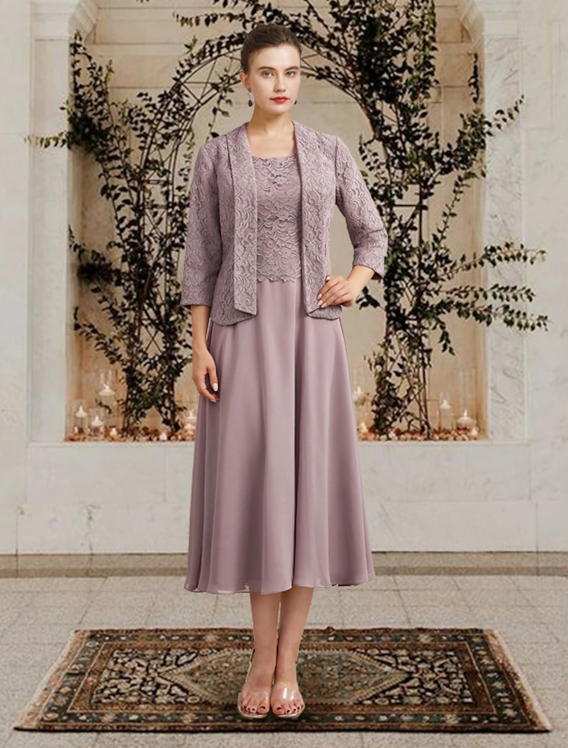 Evening Elegance Two Piece Church Elegant Jewel Neck Mother of the Bride Dress Floor Length Tea Length Chiffon Lace with Ruffles Appliques Evening Elegance Two Piece Church Elegant Jewel Neck Mother of the Bride Dress Floor Length Tea Length Chiffon Lace with Ruffles Appliques