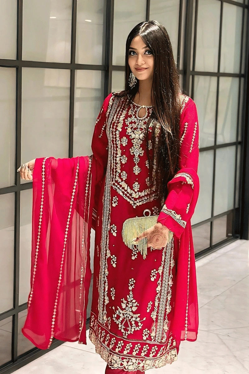Unleash Your Trendy Side Georgette Ready To Wear Red Colour Dress For Karwa Chauth
