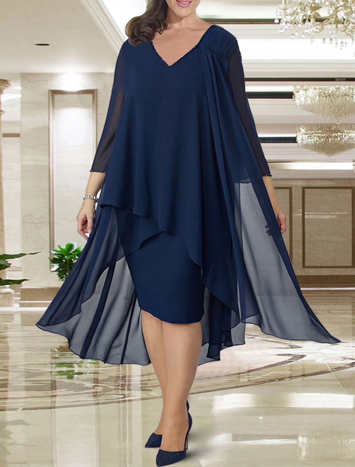 Boho - Chic Festival - Ready Style Sheath / Column Mother of the Bride Dress Plus Size Elegant V Neck Knee Length Chiffon 3/4 Length Sleeve with Beading Ruffles Ruching
