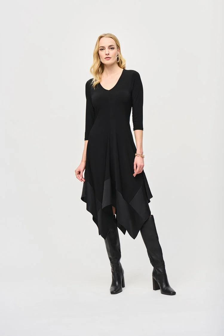 Trendy Street Style Clothing Joseph Ribkoff Black Silky Knit Handkerchief Dress
