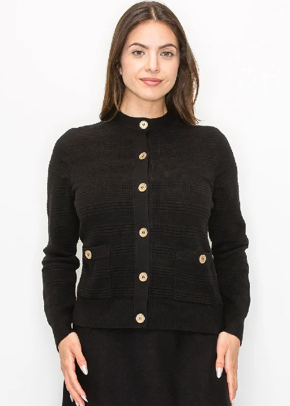 Women's High-Fashion Clothes Buttoned Black Knit Cardigan with Pockets