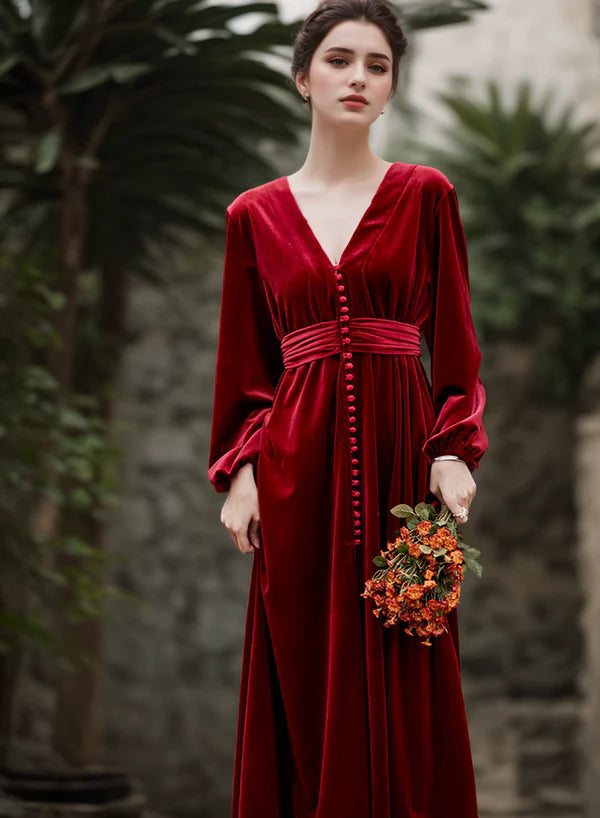 Crazy Price Slashing Vintage Long puffed sleeves V-neck Velvet Dress