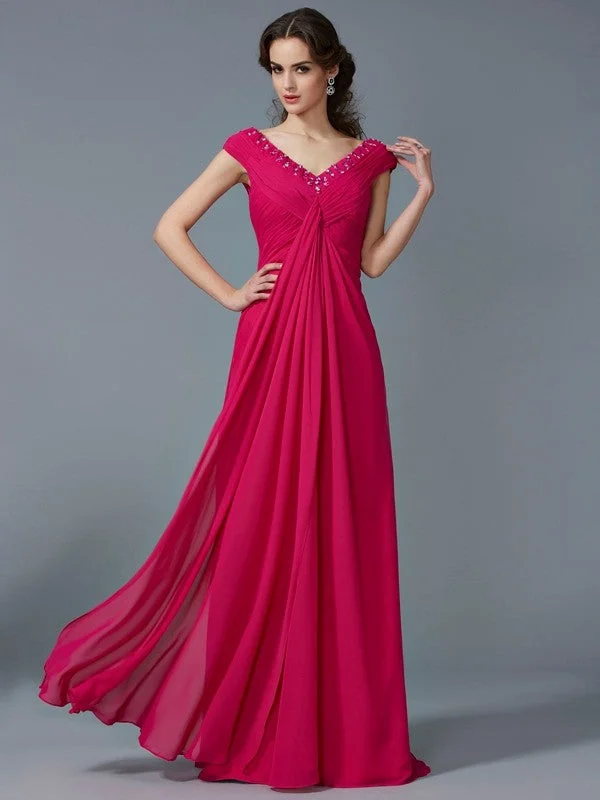 Discount Extravaganza A-Line/Princess Beading V-neck Short Sleeves Long Chiffon Dresses