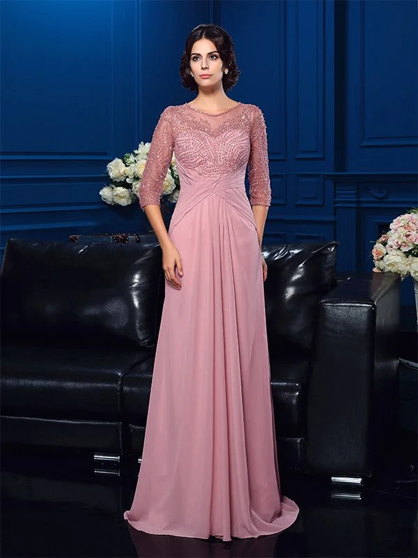 Women's Holiday Attire A-Line/Princess Scoop Beading 3/4 Sleeves Long Chiffon Mother of the Bride Dresses Women's Holiday Attire A-Line/Princess Scoop Beading 3/4 Sleeves Long Chiffon Mother of the Bride Dresses