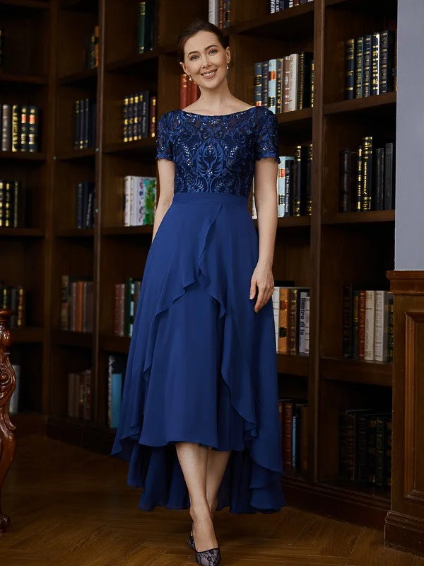 Sustainable Fashion Clothing For Women A-Line/Princess Chiffon Applique Bateau Short Sleeves Asymmetrical Mother of the Bride Dresses