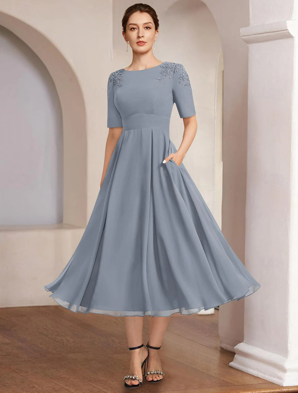 Modern Women's Fashion Mother of the Bride Dress Elegant Neck Length Chiffon Half Sleeve with Lace Modern Women's Fashion Mother of the Bride Dress Elegant Neck Length Chiffon Half Sleeve with Lace