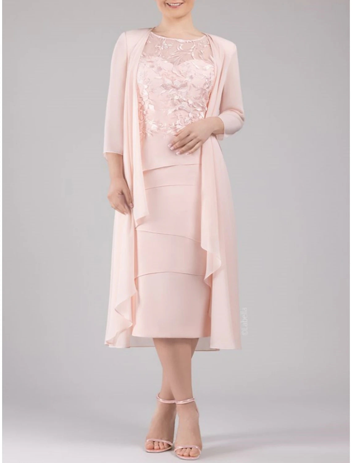 Women's Holiday Outfit Sheath / Column Mother of the Bride Dress Petite Scoop Neck Tea Length Chiffon 3/4 Length Sleeve with Lace Tier Women's Holiday Outfit Sheath / Column Mother of the Bride Dress Petite Scoop Neck Tea Length Chiffon 3/4 Length Sleeve with Lace Tier