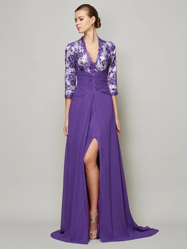 Seasonal Fashion A-Line/Princess V-neck 1/2 Sleeves Beading Long Chiffon Dresses