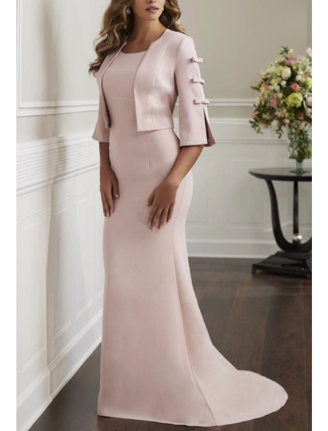Trend Setting Wardrobe Two Piece Sheath / Column Mother of the Bride Dress Elegant With Jacket 3/4 Sleeve Scoop Neck Sweep / Brush Train Stretch Fabric Bow(s) Winter Trend Setting Wardrobe Two Piece Sheath / Column Mother of the Bride Dress Elegant With Jacket 3/4 Sleeve Scoop Neck Sweep / Brush Train Stretch Fabric Bow(s) Winter