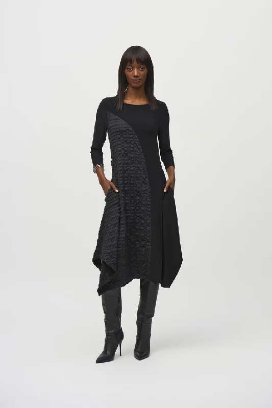 Feminine Elegance Joseph Ribkoff Black Silky Knit And Jacquard Handkerchief Dress