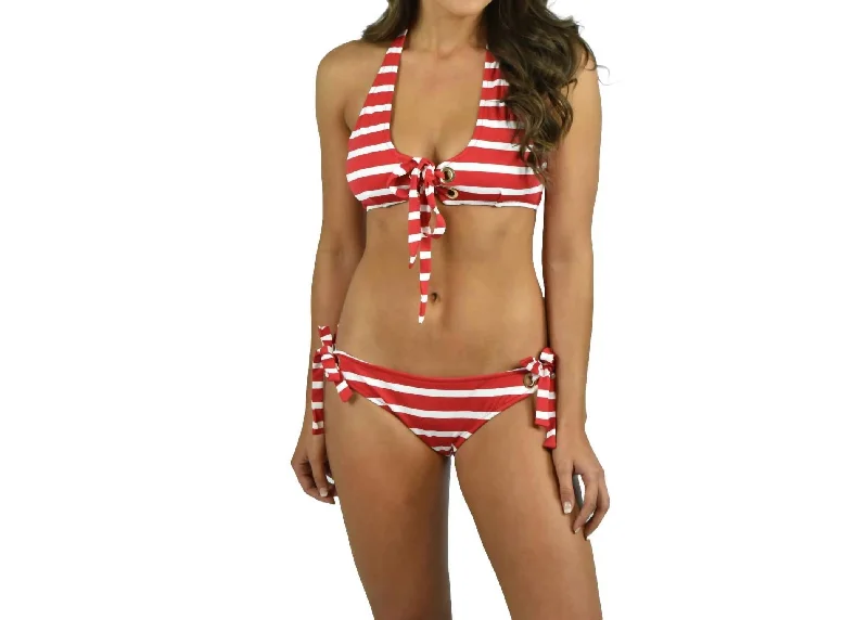 Luxury Women's Clothing Stripe Boca Eyelet Bikini Bottom In Red/ivory