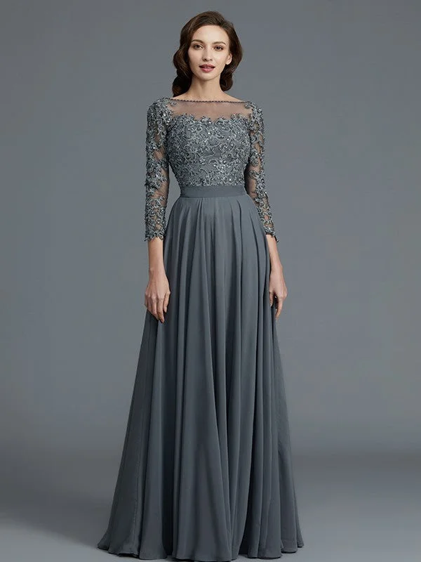 Contemporary Elegance A-Line/Princess 3/4 Sleeves Bateau Floor-Length Chiffon Mother of the Bride Dresses