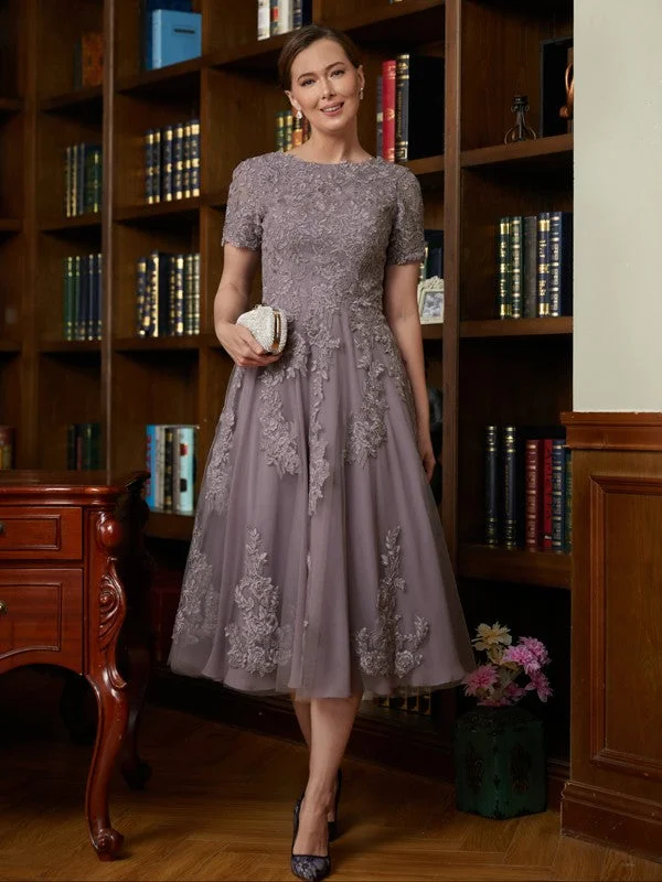 Affordable Women's Clothing Online A-Line/Princess Chiffon Lace Scoop Short Sleeves Tea-Length Mother of the Bride Dresses