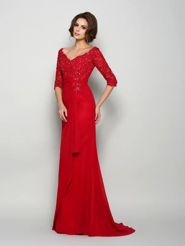 Limited Stock Mother of the Bride Dresses A-Line V-neck Beading 1/2 Sleeves Applique Long Chiffon Limited Stock Mother of the Bride Dresses A-Line V-neck Beading 1/2 Sleeves Applique Long Chiffon