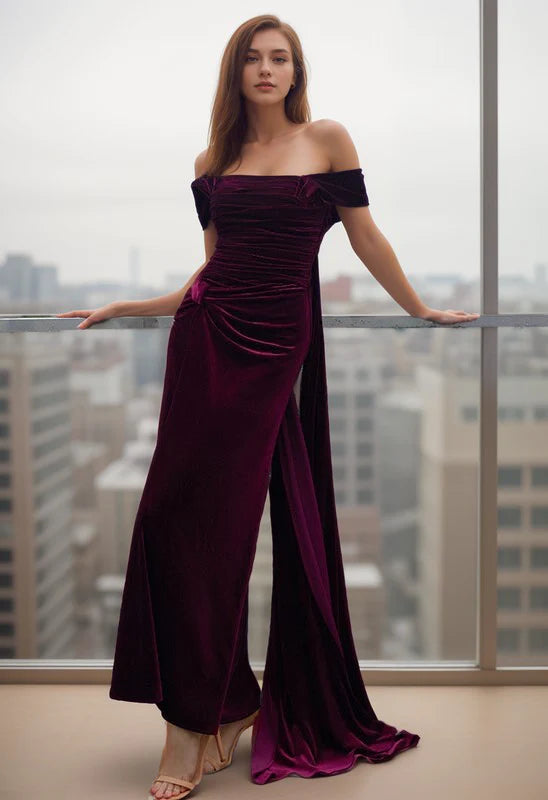 Fashion Frontiers Greece Goddess Off-the-shoulder fit and flare Velvet dress with ribbon train Fashion Frontiers Greece Goddess Off-the-shoulder fit and flare Velvet dress with ribbon train
