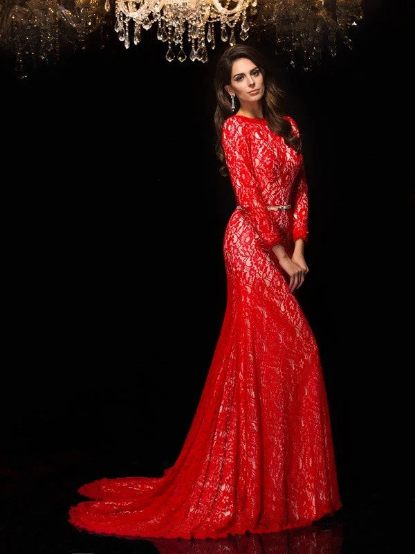 Trendy Women's Fashion Sheath/Column Bateau Lace 3/4 Sleeves Long Lace Dresses