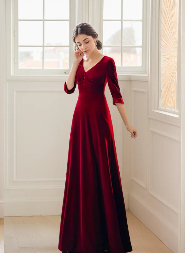 Women's Formal Clothes Elegant Long V-neck heart-shape bow-tied back A-line Velvet Dress Women's Formal Clothes Elegant Long V-neck heart-shape bow-tied back A-line Velvet Dress