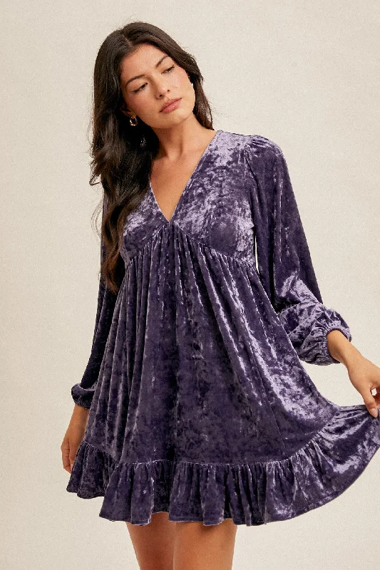 Women's Professional Garments Violet Crushed Velvet V-Neck Babydoll Bubble Sleeve Holiday Cocktail Dress Women's Professional Garments Violet Crushed Velvet V-Neck Babydoll Bubble Sleeve Holiday Cocktail Dress