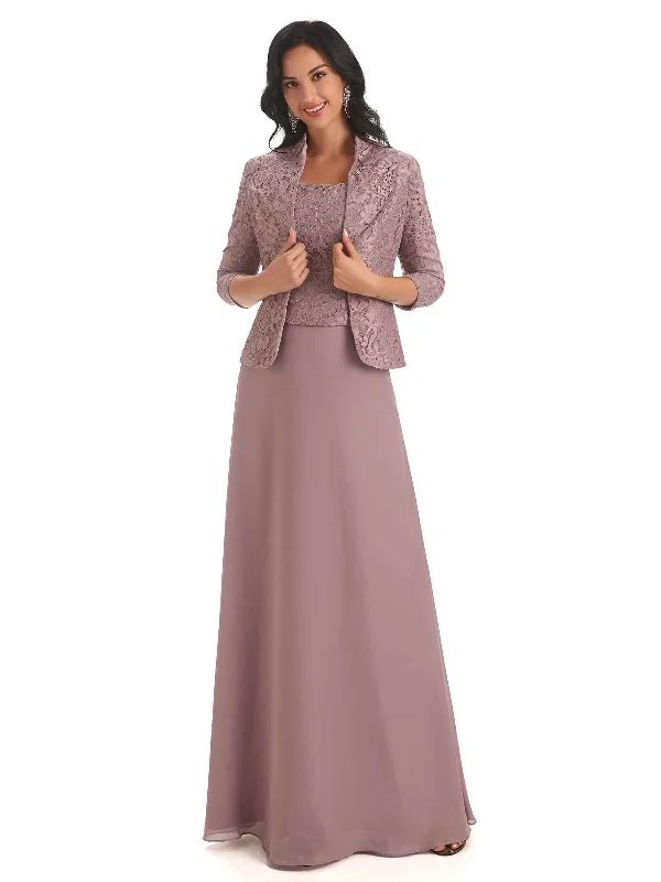 Plus Size Women's Fashion Elegant Chiffon Scoop Long Mother Of The Bride Dresses With Lace Jacket